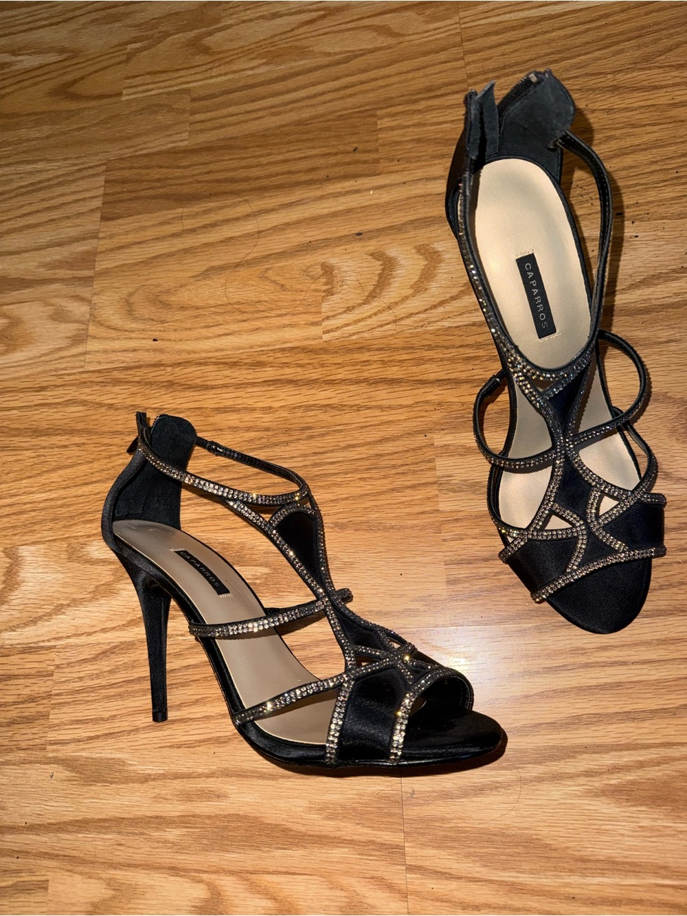 Caparros Black Satin Crystal-Strap Stiletto Sandals